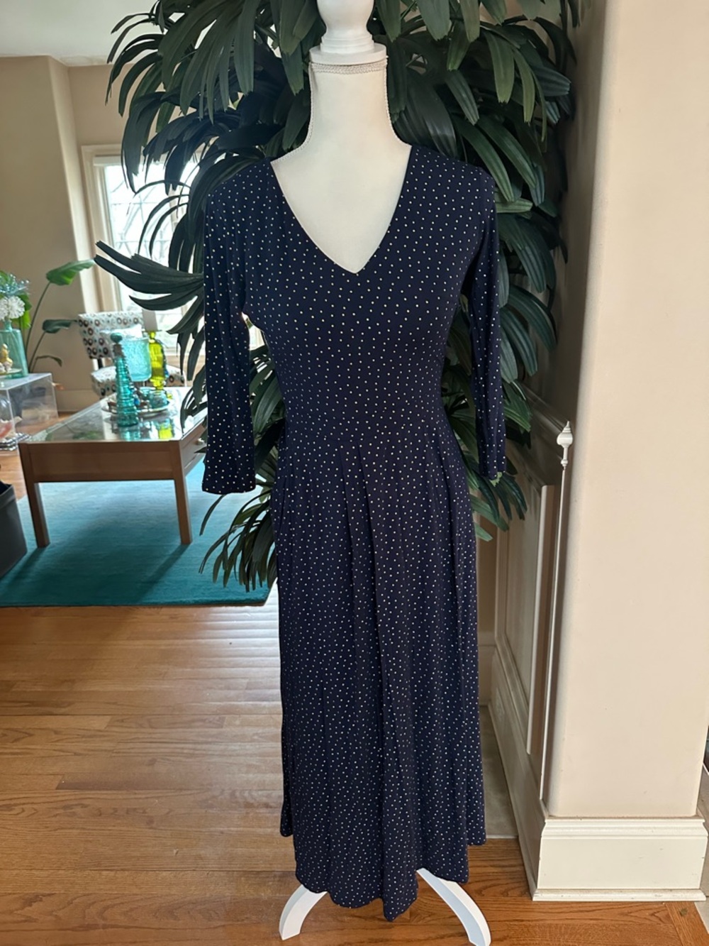 💙💙Boden Navy & Gold Polka Dot Gemma Jersey Faux Wrap Midi Dress Size 6P💙💙